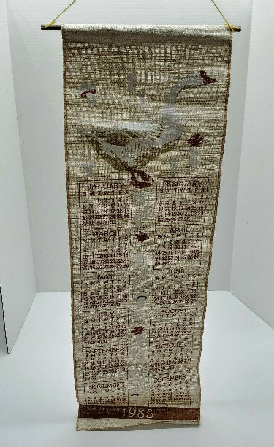 1985 Vintage Tea Towel Calendar Goose Linen Wall Hanging Country Kitchen Folk