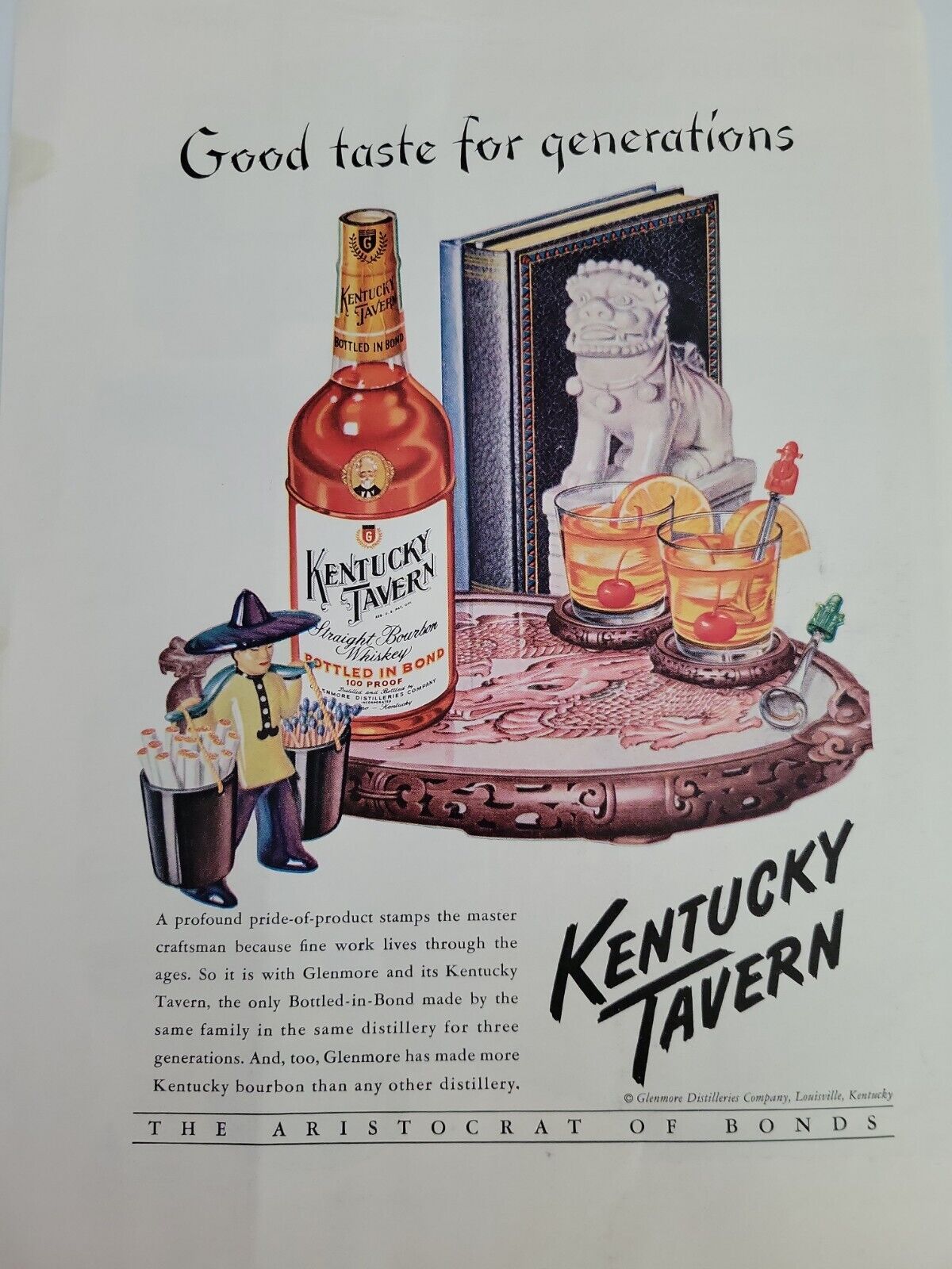 1949 Kentucky tavern straight bourbon whiskey Asian matcholder vintage ad
