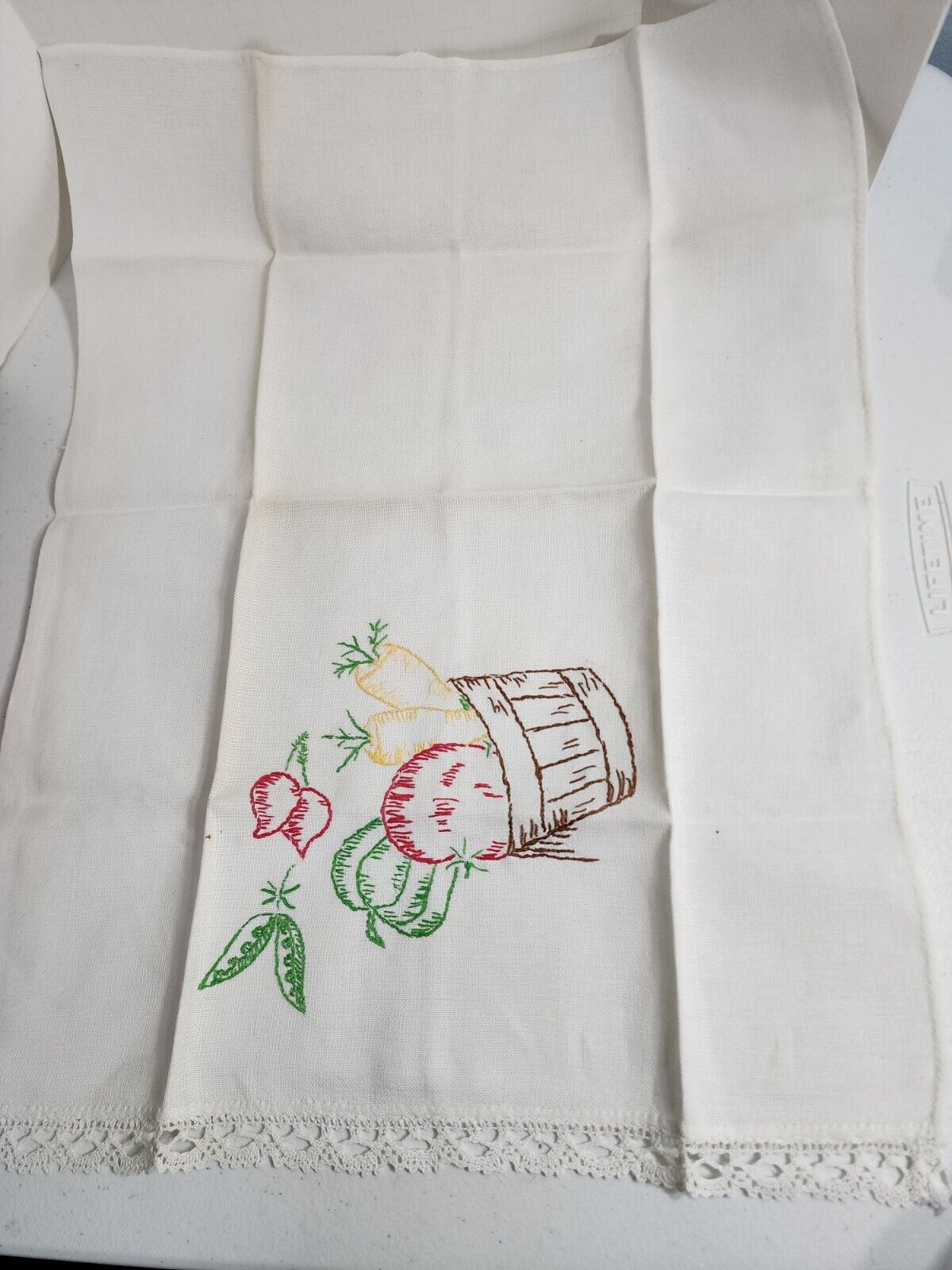 Vintage Embroidered Hand Dish Towel Lace Trim Basket Of Vegetables