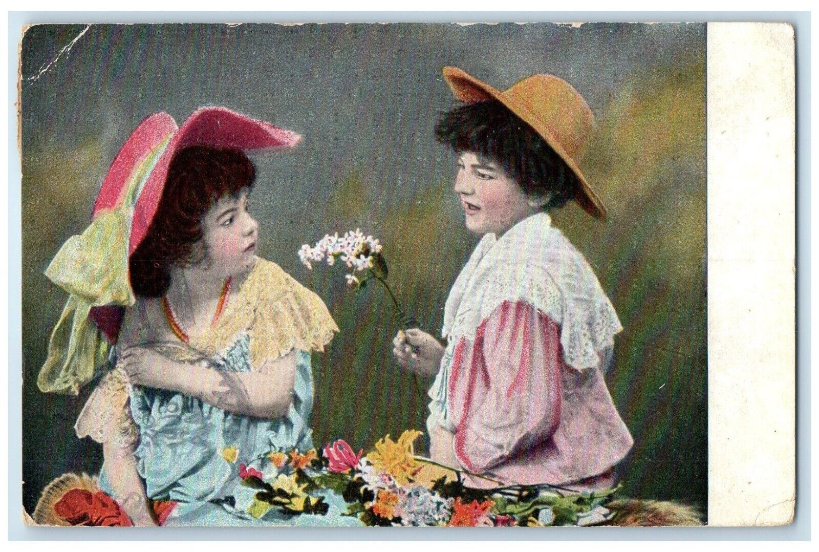 1908 Little Sweetheart Giving Flowers Potsdam New York NY Antique Postcard