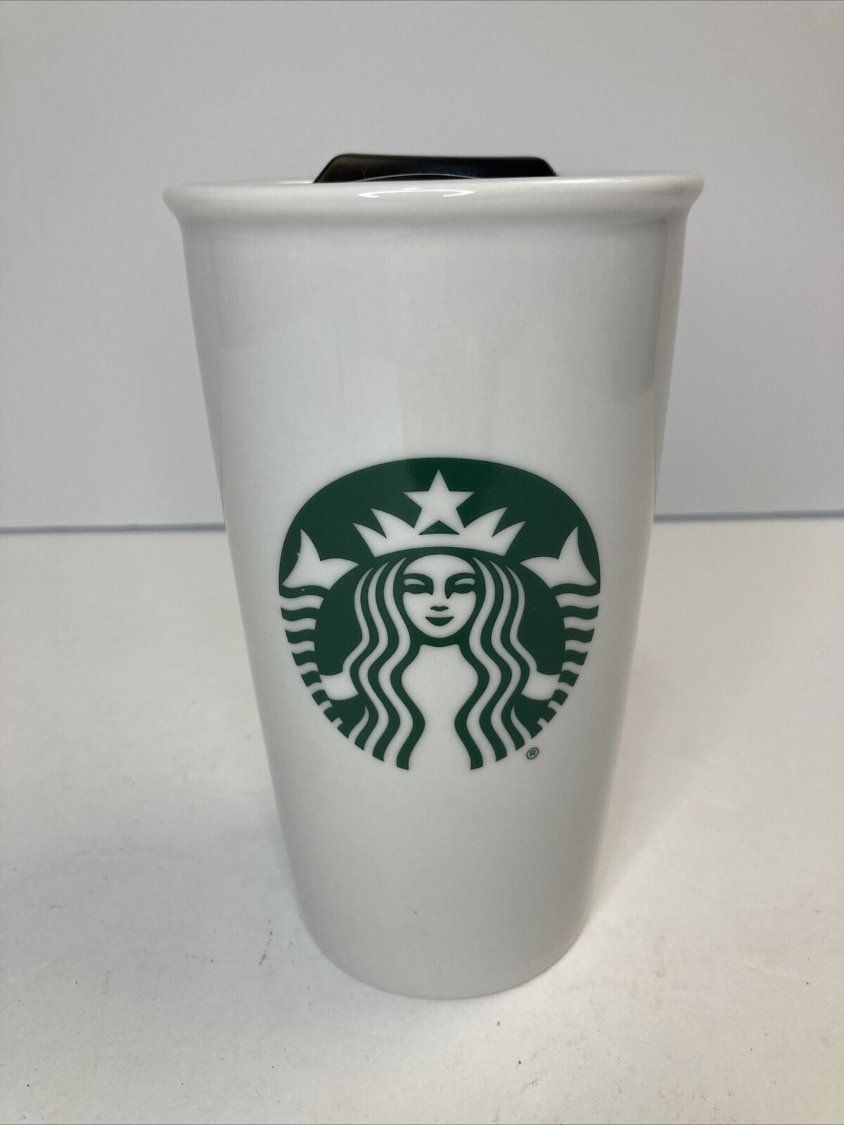 Starbucks 2015 White Ceramic Coffee Travel Cup Mug Tumbler 12 oz. w/ lid (A2)