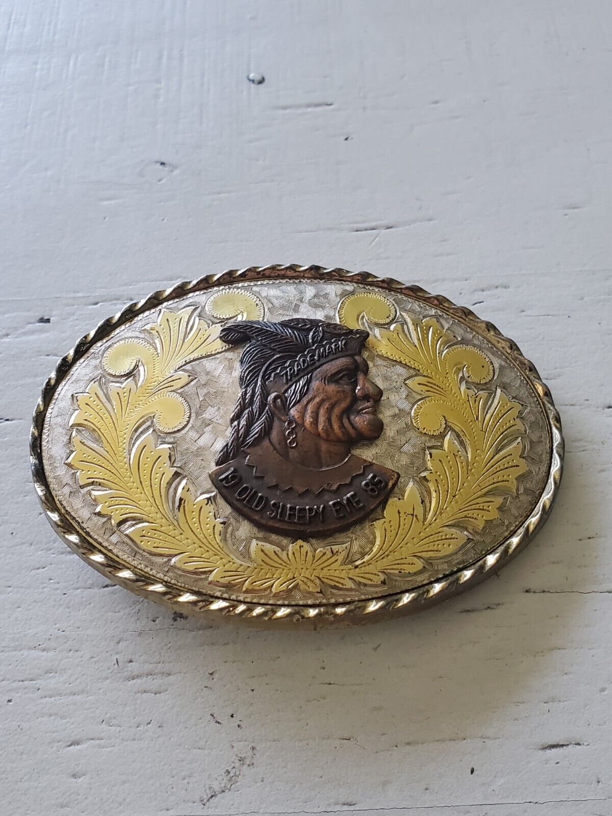 Gold Silver Oval 19 Old Sleepy Eye Indian Chief Belt Buckle Native American
