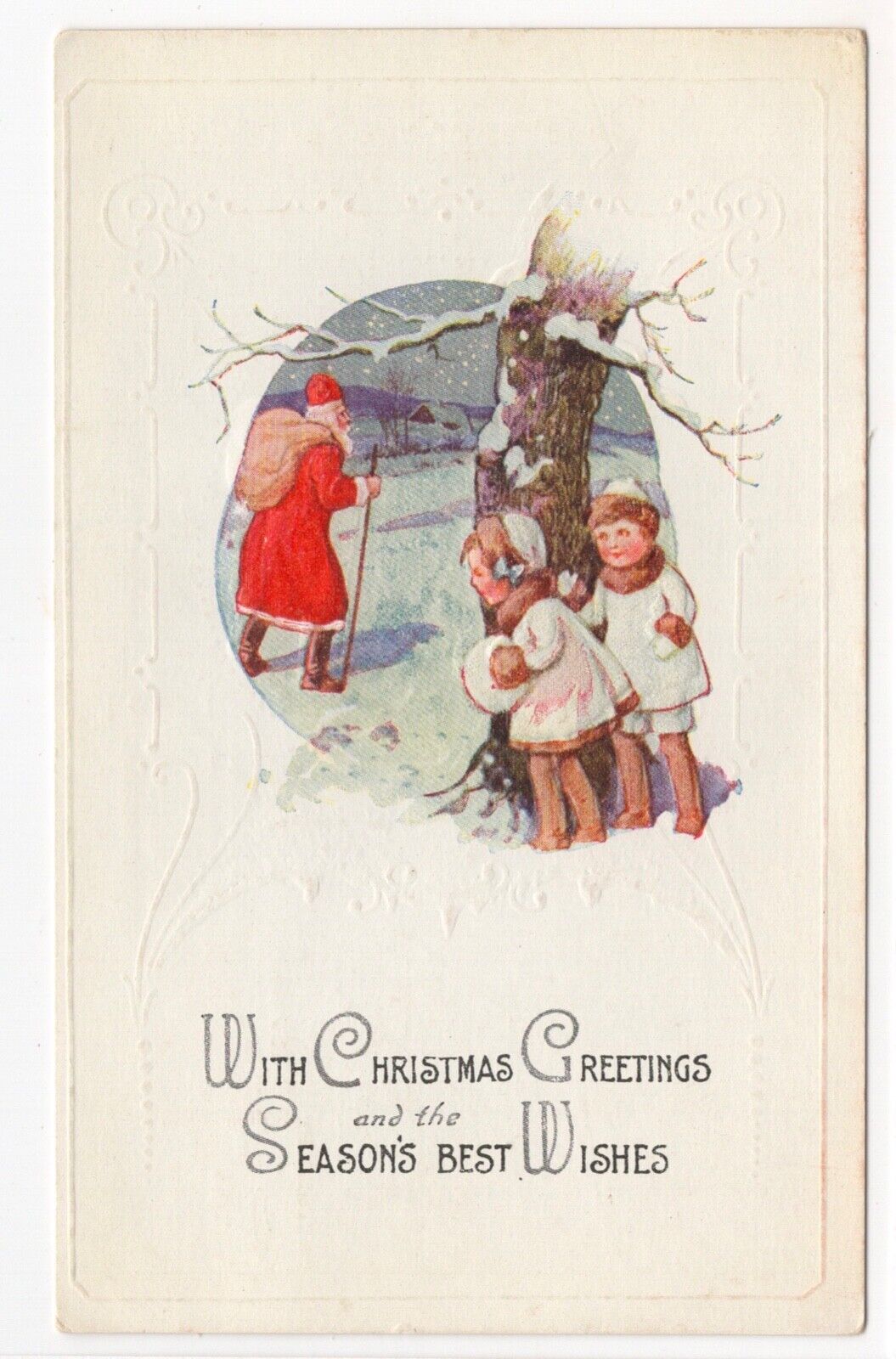 Christmas Vintage Postcard Santa Claus Children Hide Peek From Behind Tree