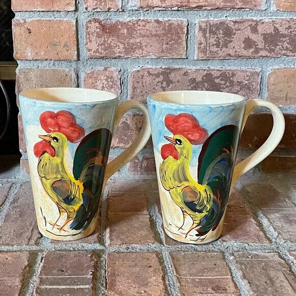 Set of 2 Large Coffee Tea Ceramic Mugs Hand Made in Italy Rooster Chicken