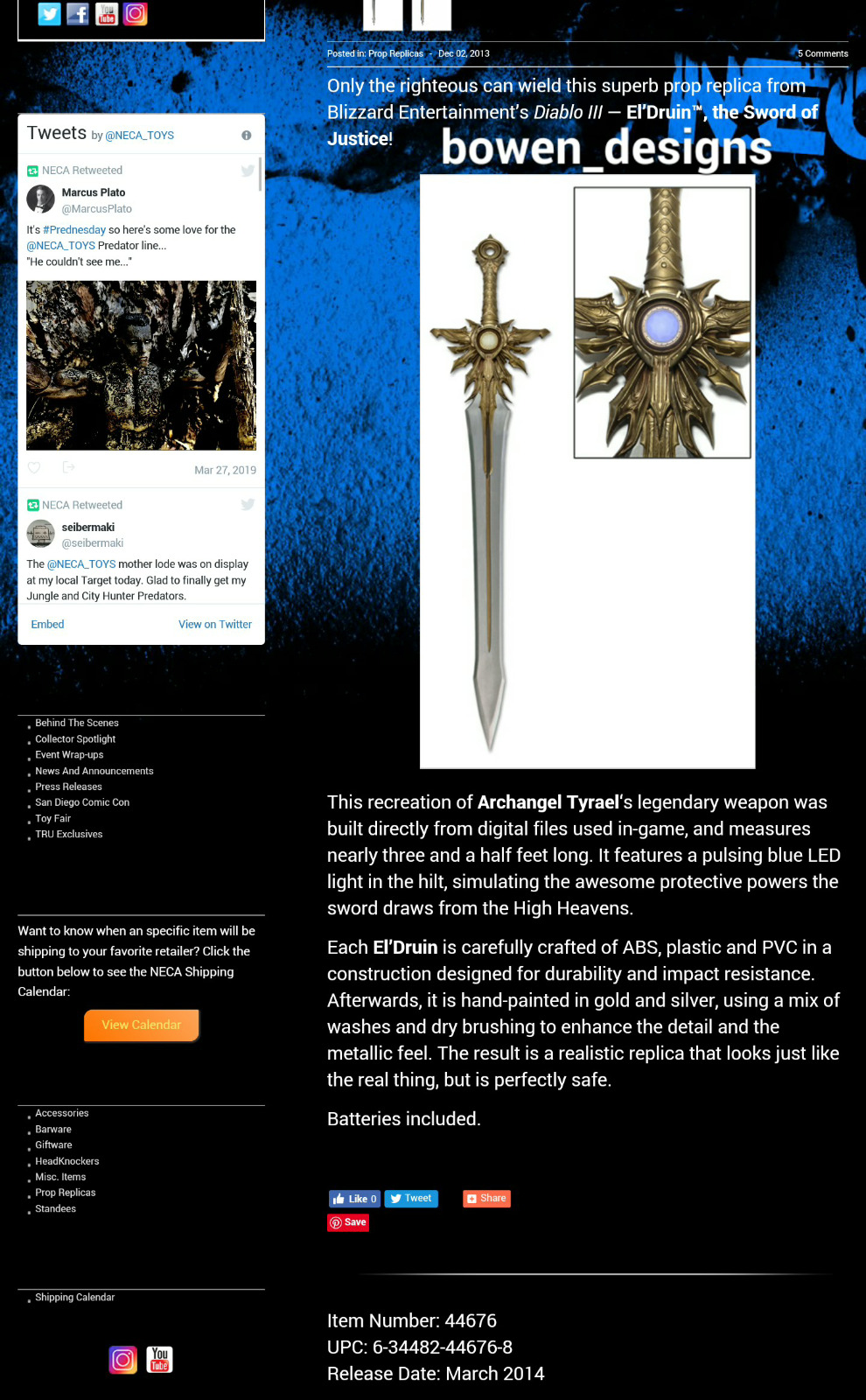 NECA Tyrael's El'Druin Justice Sword LED Game Prop Replica Diablo 3 III Blizzard