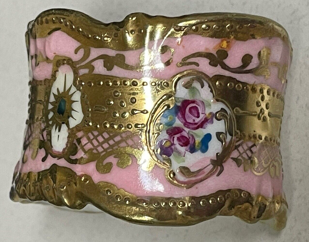 Antique Porcelain Hand painted Napkin Ring Pink, Gold Beaded & Scroll - Nippon?