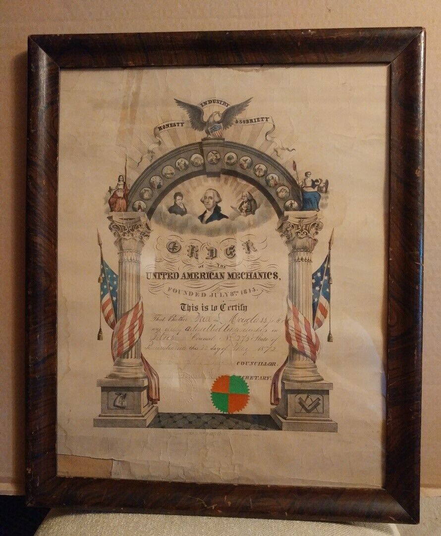 1319----1872 William L. Douglass OUAM certificate of Elizabeth Twp PA Boston PA