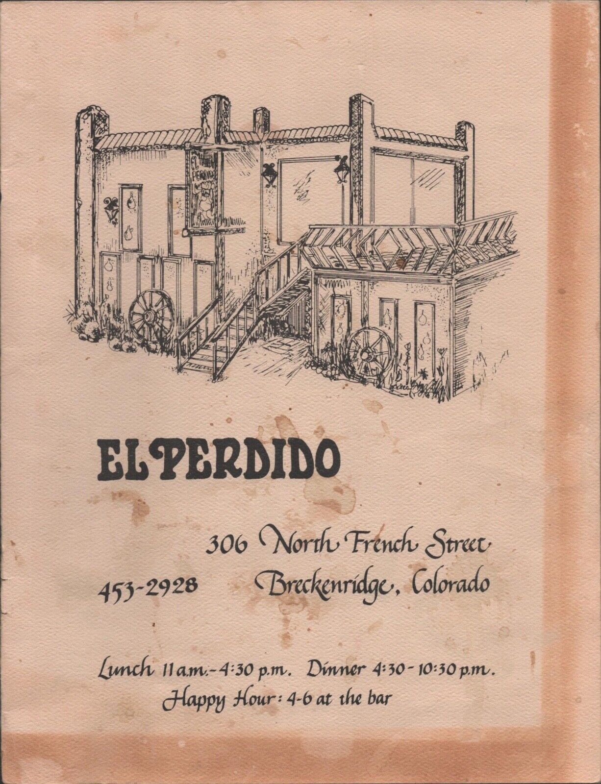 1982 EL PERDIDO - MEXICAN RESTAURANT vintage dining menu BRECKENRIDGE, COLORADO