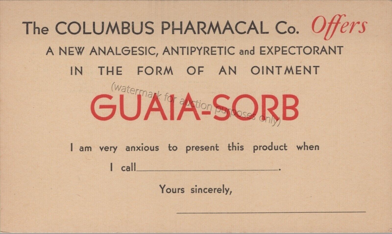 Columbus, OH: Guia-Sorb Pharmacal Company Adv Ohio Postcard Dear Doctor-ish