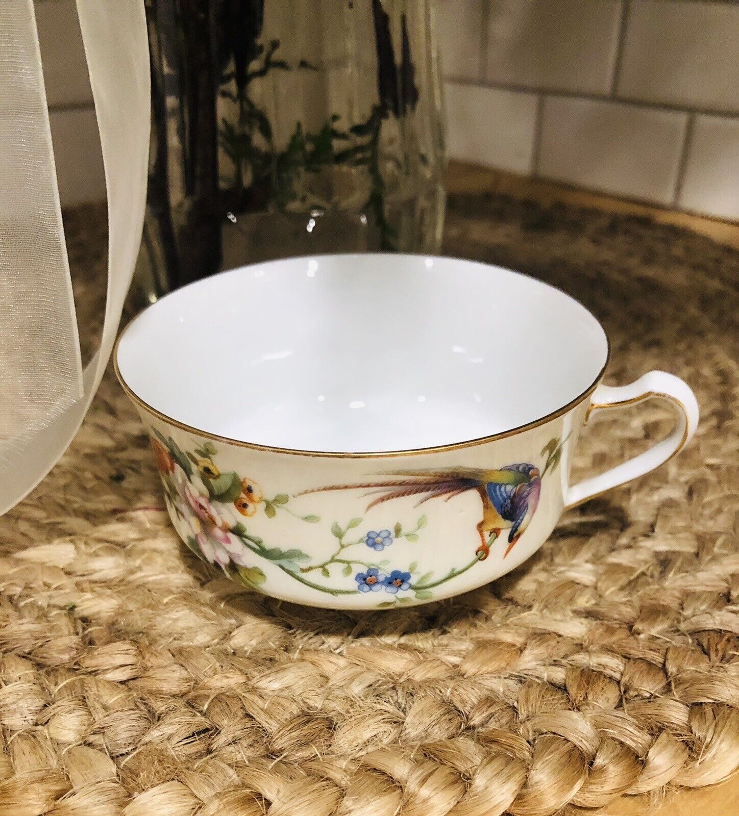 Stunning Vintage Heinrich & Co. Floral Songbird Set of Tea Cups & Dessert Plates