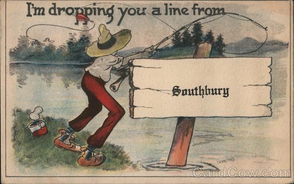 1915 Dropping you a Line from Southbury-Boy Fishing,CT New Haven County Postcard