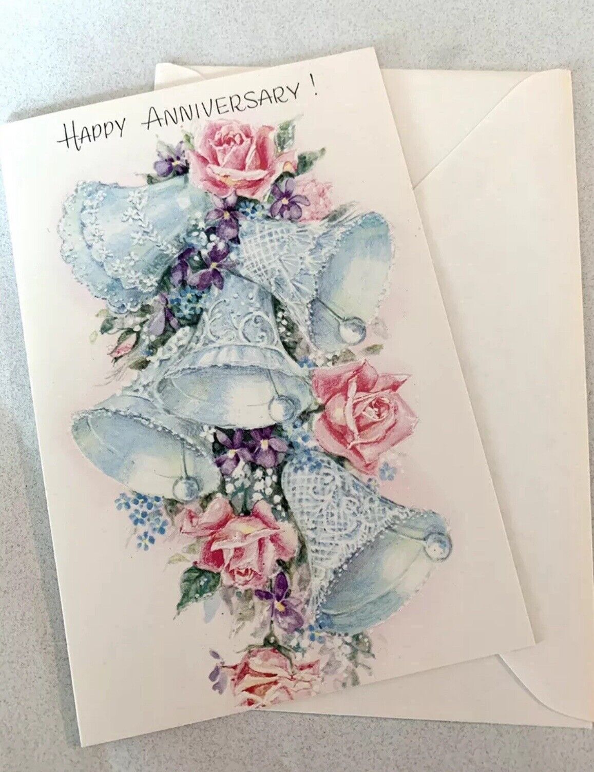 Vintage Fantusy Greeting Card & Envelope Happy Anniversary Wedding Bells Floral