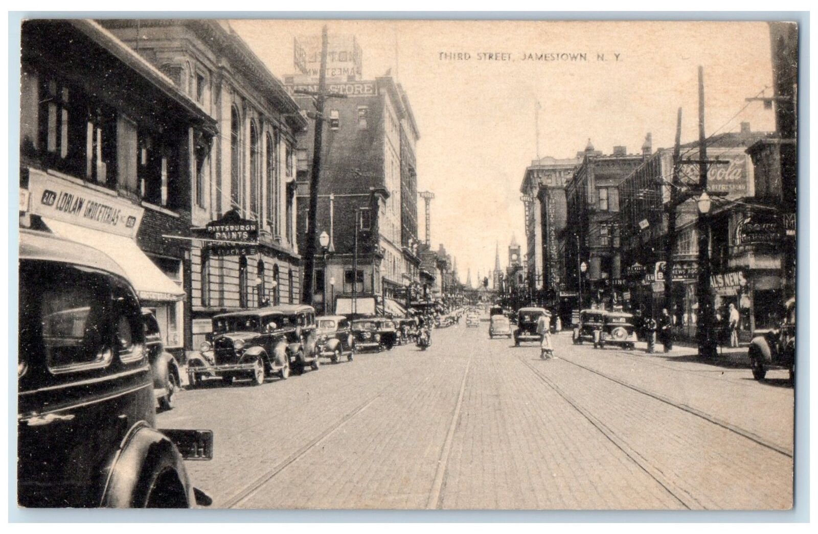 c1940's Third Street Downtown Classic Cars Establishment Jamestown NY Postcard