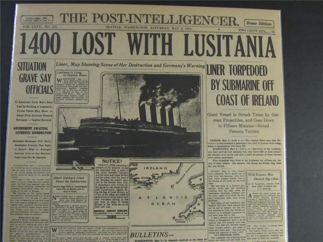 VINTAGE NEWSPAPER HEADLINES~WORLD WAR 1 GERMAN SINK LUSITANIA SHIP DISASTER 1915