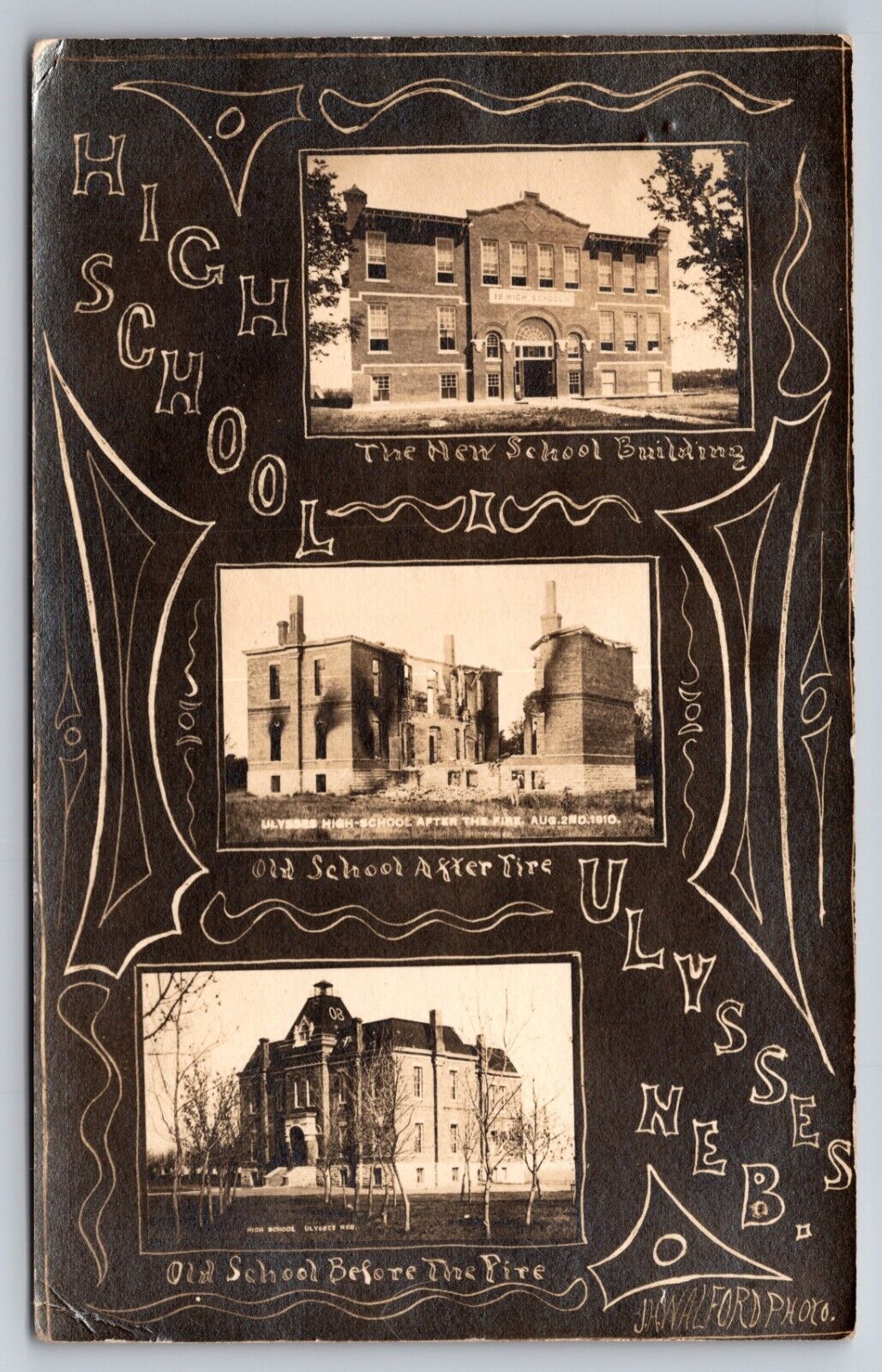 High School & Old School After Fire Ulysses Nebraska NE 1912 Real Photo RPPC