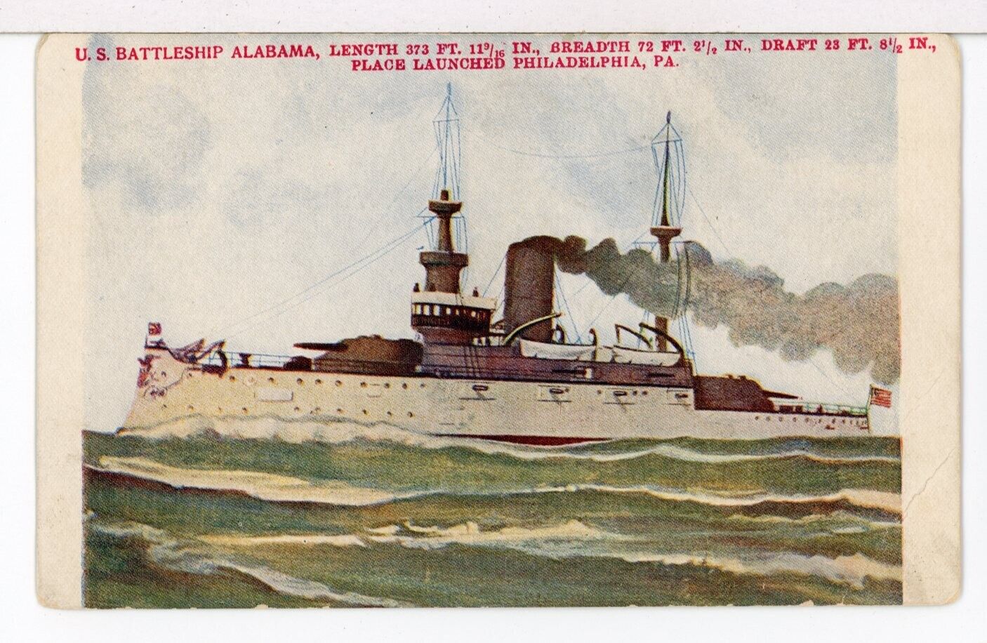 USS ALABAMA (BB-8) Launched in Philadelphia 18 May 1898 - a 1901-1907 Postcard