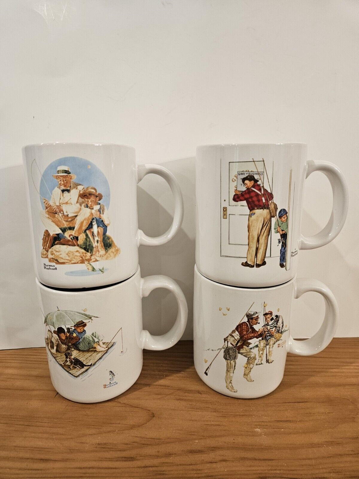 Set of 4 Vintage 1987 Norman Rockwell Museum Collection Coffee Cups Mugs Fishing