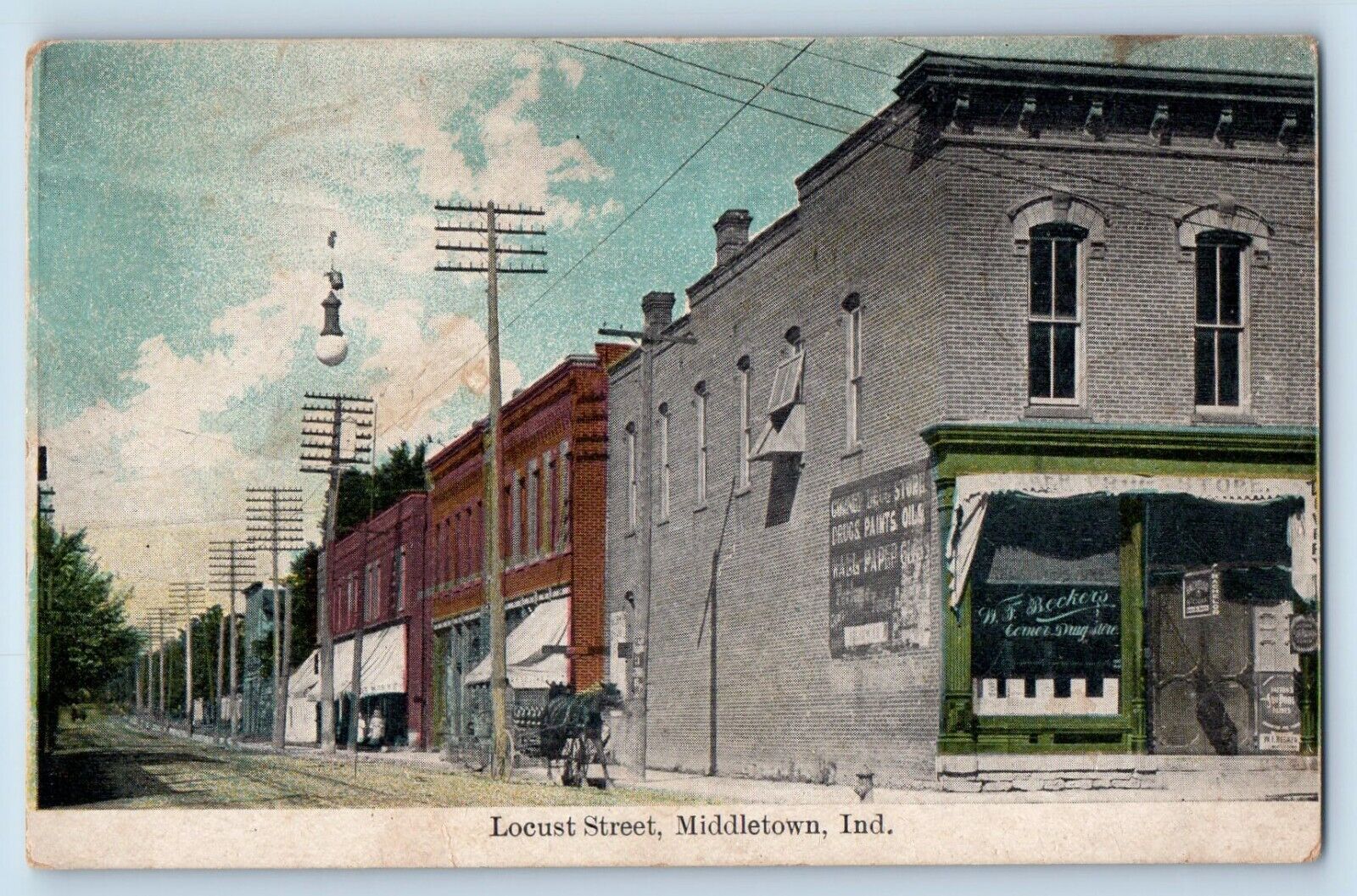 Middletown Indiana Postcard Locust Street Building Horse Carriage 1910 Unposted