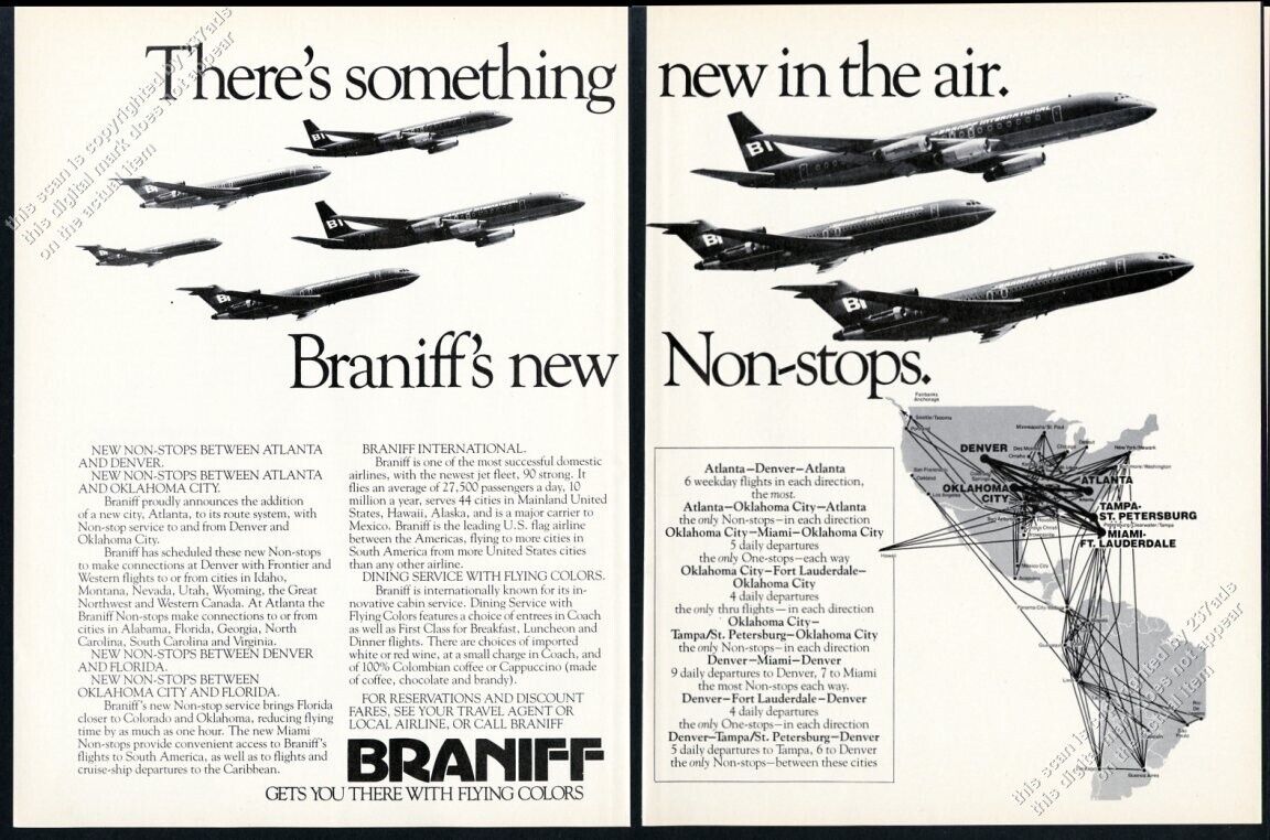 1977 Braniff International 8 plane photo system map art vintage print ad