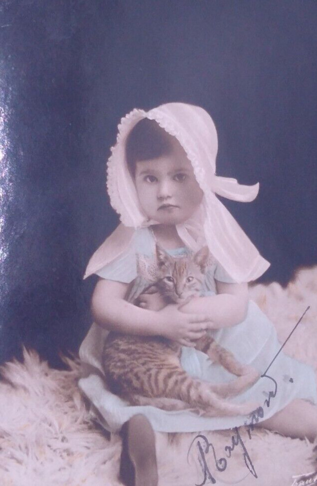 1910s Cat Kitten Child w/ Bonnet Pet RPPC Real Photo Antique Vintage Postcard
