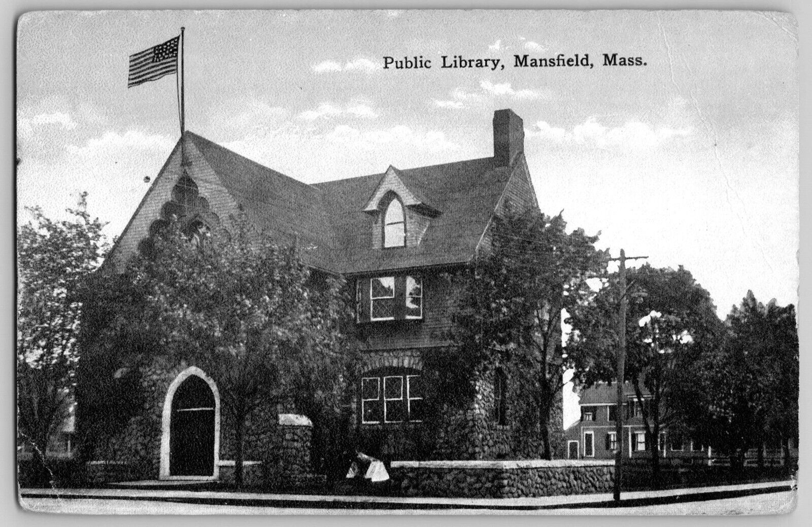 postcard Antique Public Library Mansfield Massachusetts B3