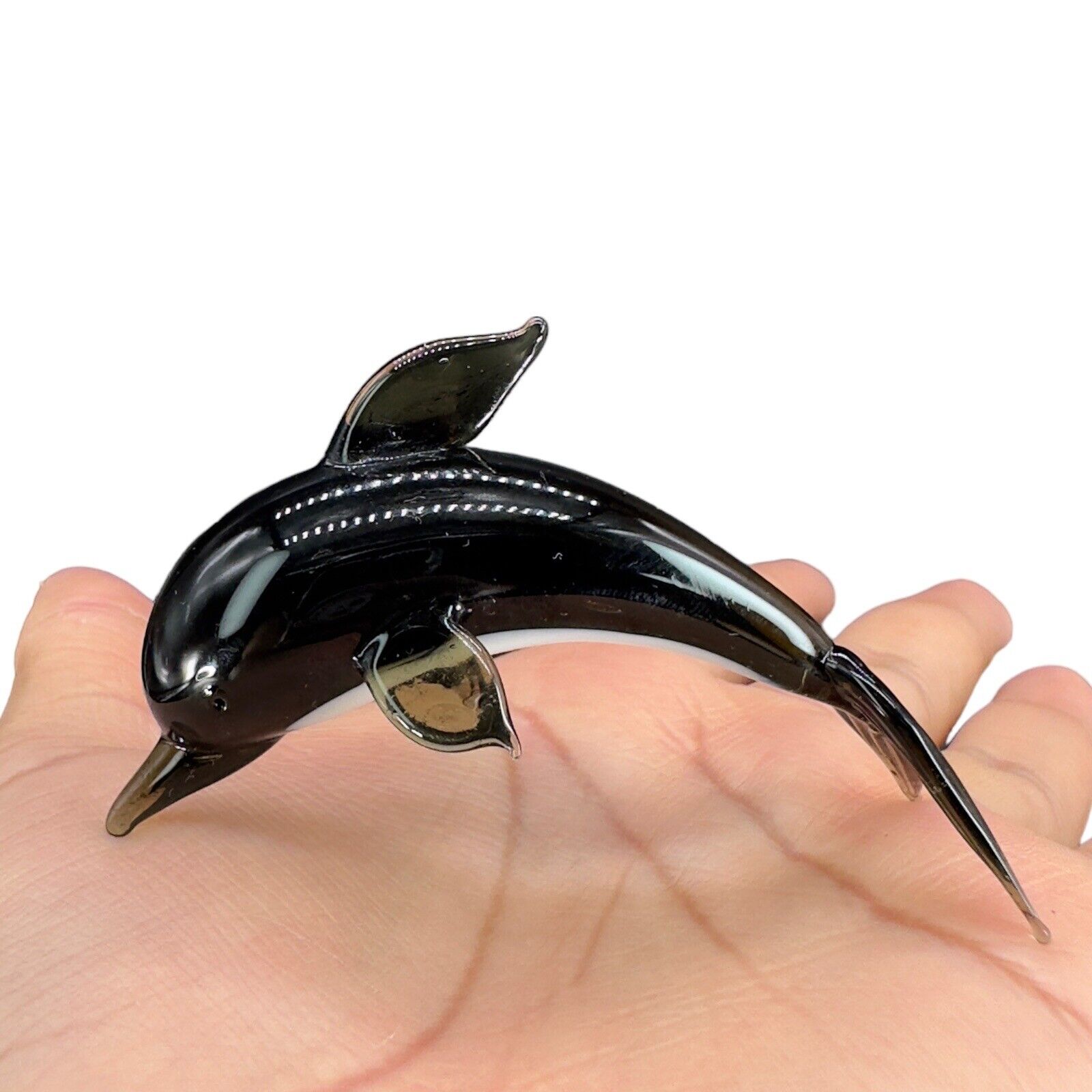 Hand Blown Art Glass Figurine Dolphin Fish Smokey Gray White Glass Figure Small