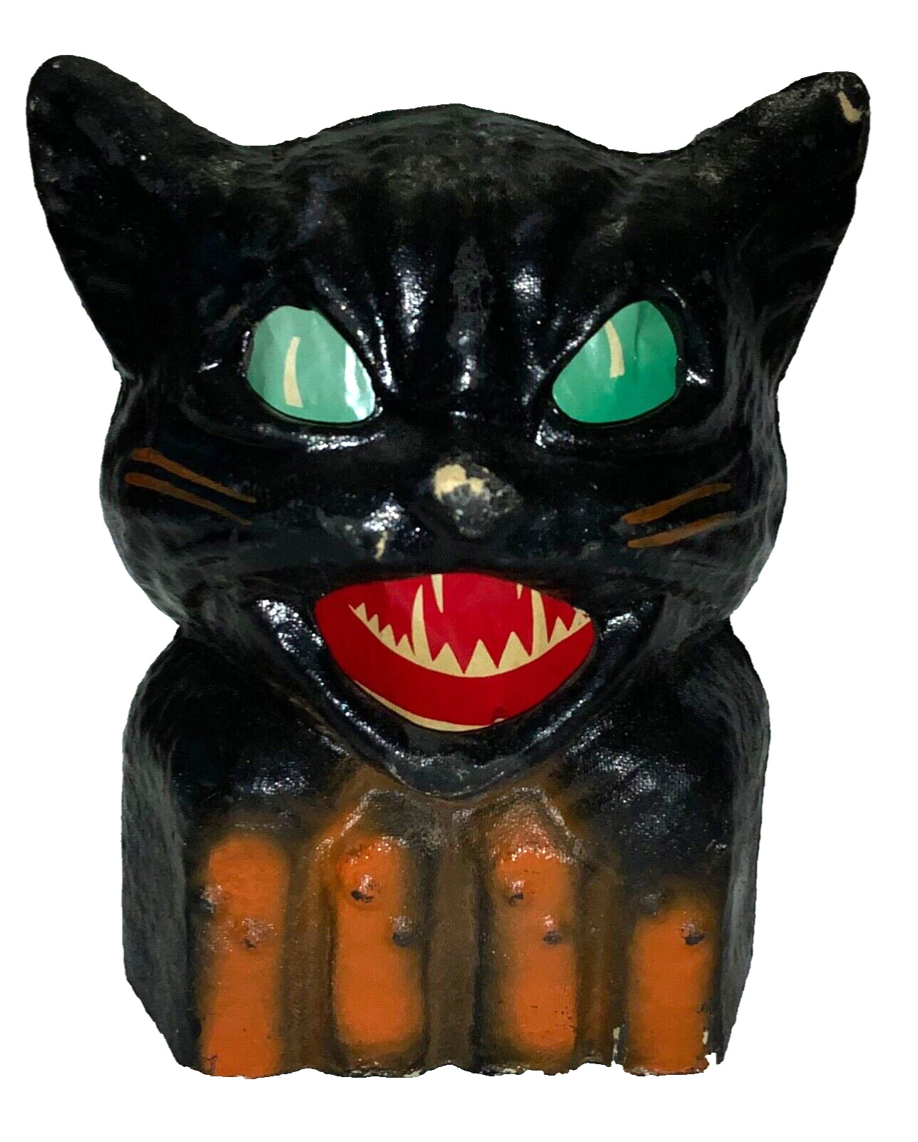 VINTAGE HALLOWEEN PAPER MACHE LANTERN - BLACK CAT ON A FENCE