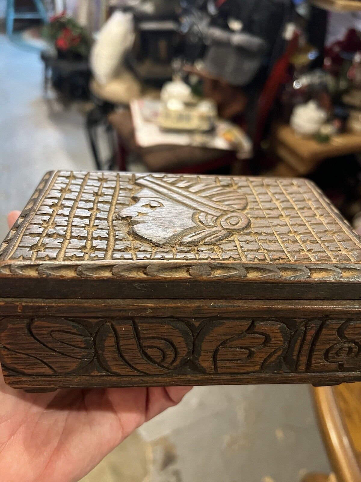 Vintage Hand carved wood box with leaves And Flowers pattern