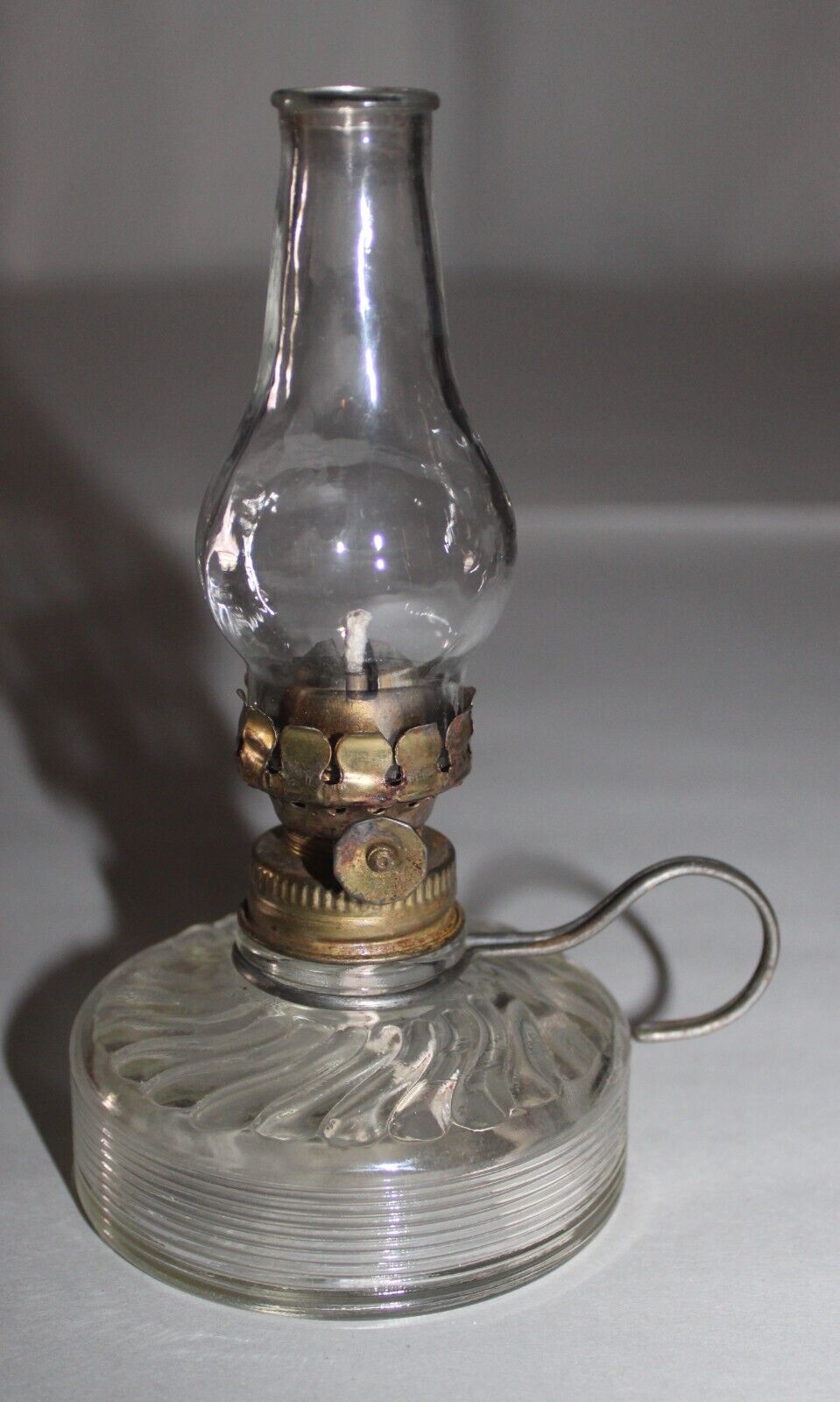 Antique Miniature Oil Lamp Blown/Pressed Clear Glass W/Wire Handle