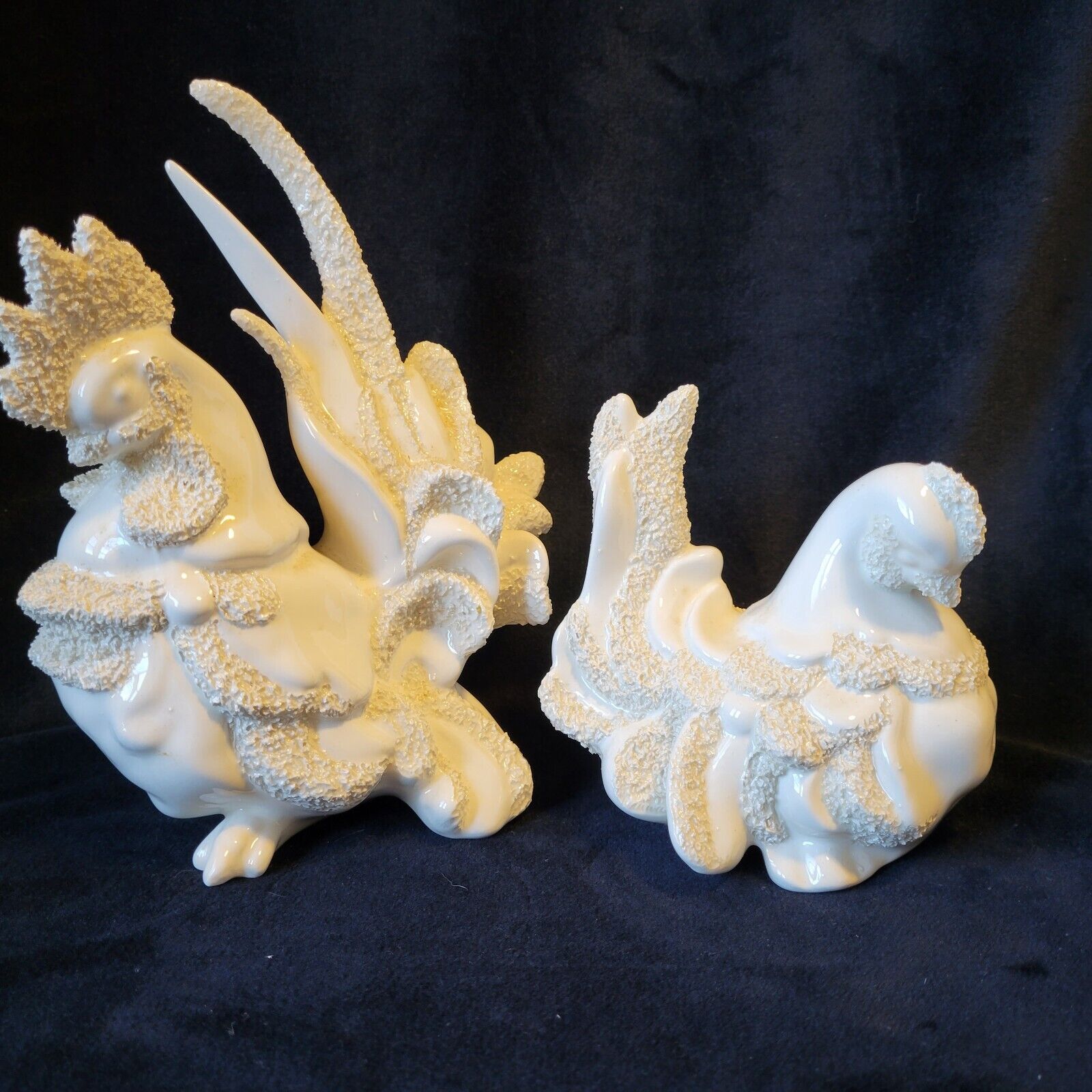 Vtg Fancy White Ceramic Chicken Rooster & Hen Patterned Glazed Hand Made 1969