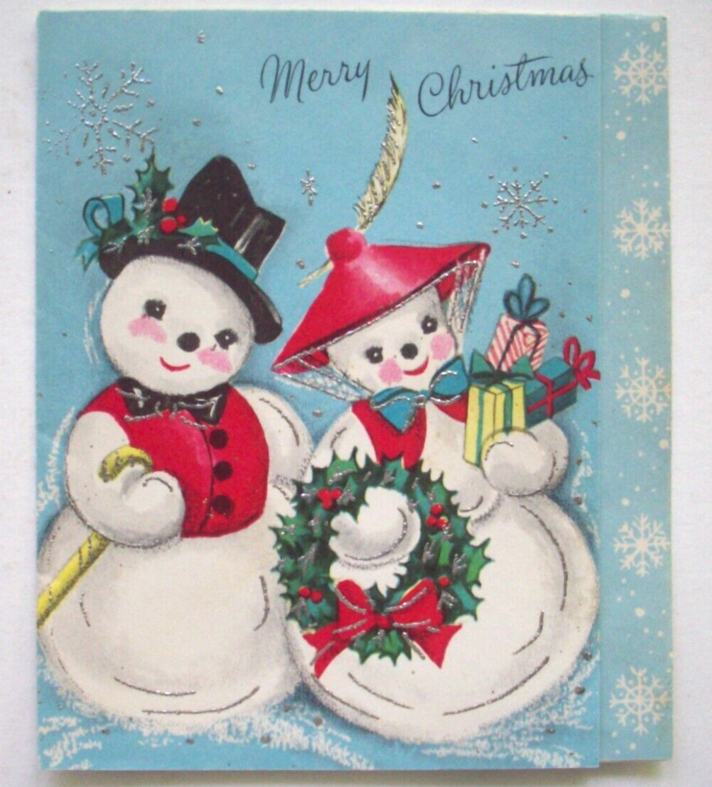 Snowman couple glitter vintage Christmas greeting card *LL17