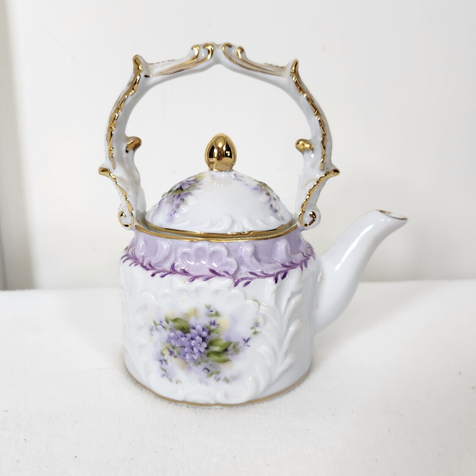 Vintage Porcelain Decorative Tea Pot Purple Violets Gold Gilded Victorian Style