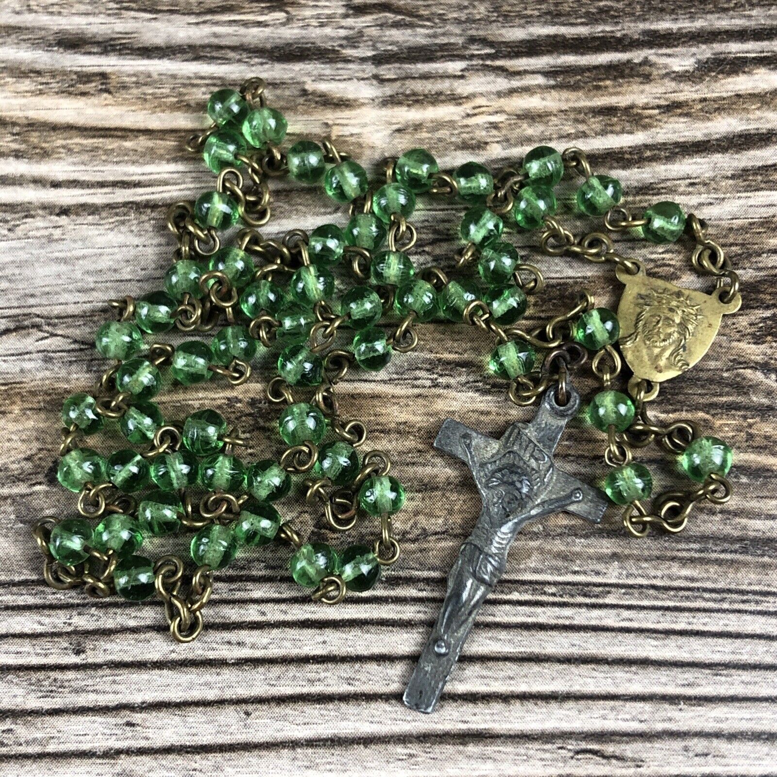 Vintage Czechoslovakia Religious Green Glass Beaded Rosary Prayer Beads