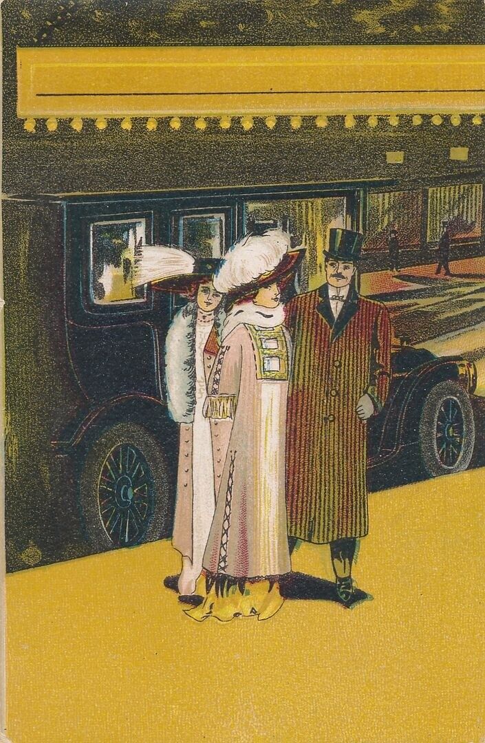Three Dressed Up People Near Car Postcard