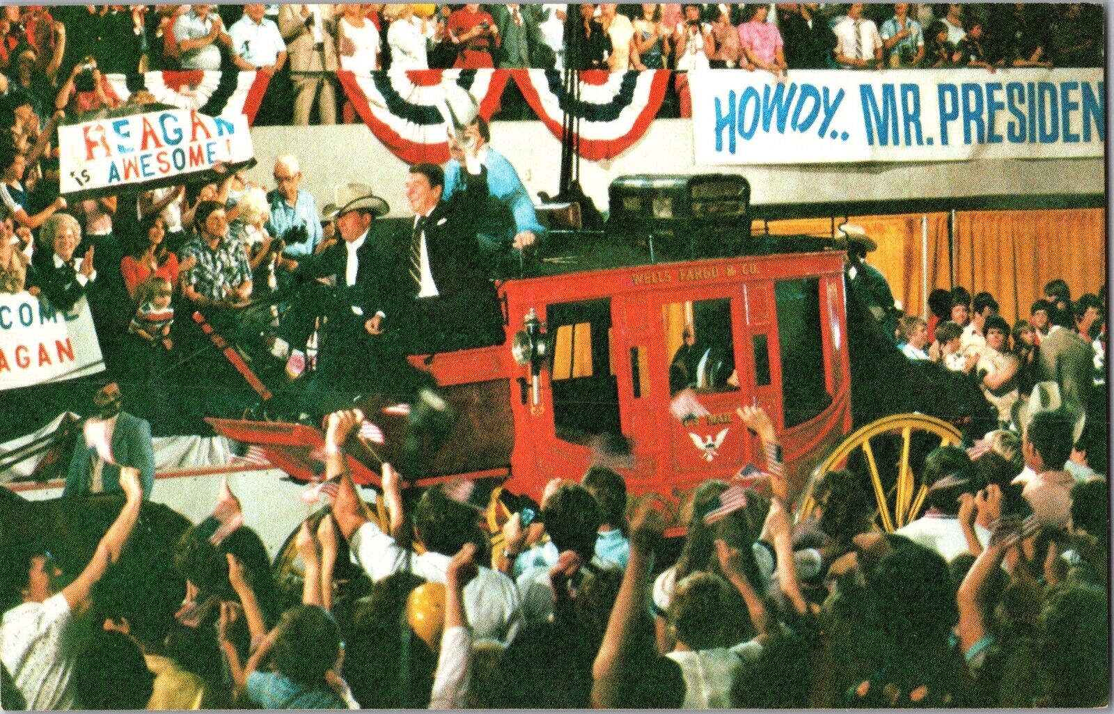 President Ronald Reagan on Stage Coach, Billings MT c1982 Vintage Postcard J80
