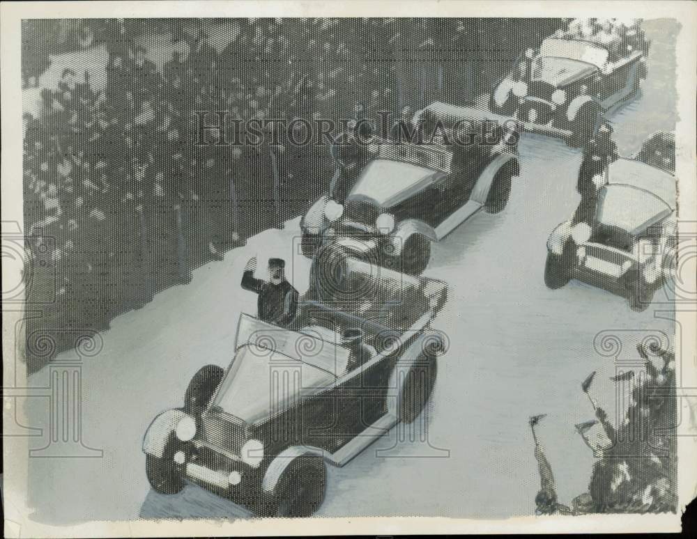 1938 Press Photo Drawing of Adolf Hitler waving to crowd from a car in Vienna