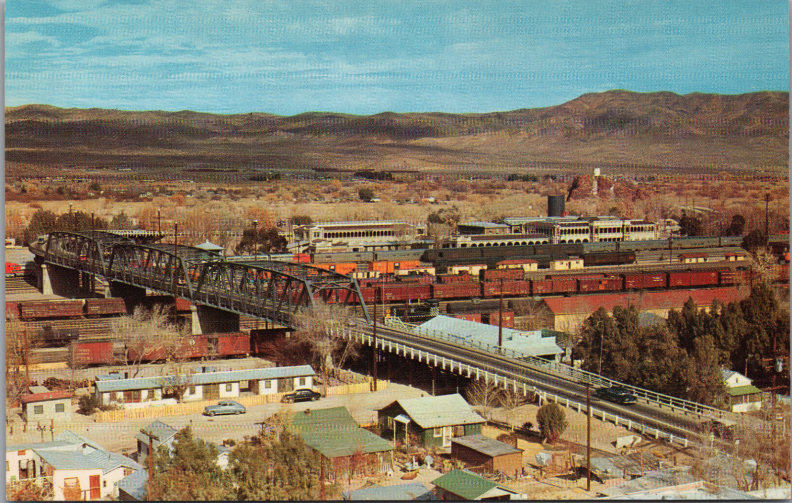 c1940\'s Barstow CA Railroad Depot Trainyard Freight Passenger Cars Old Autos UNP