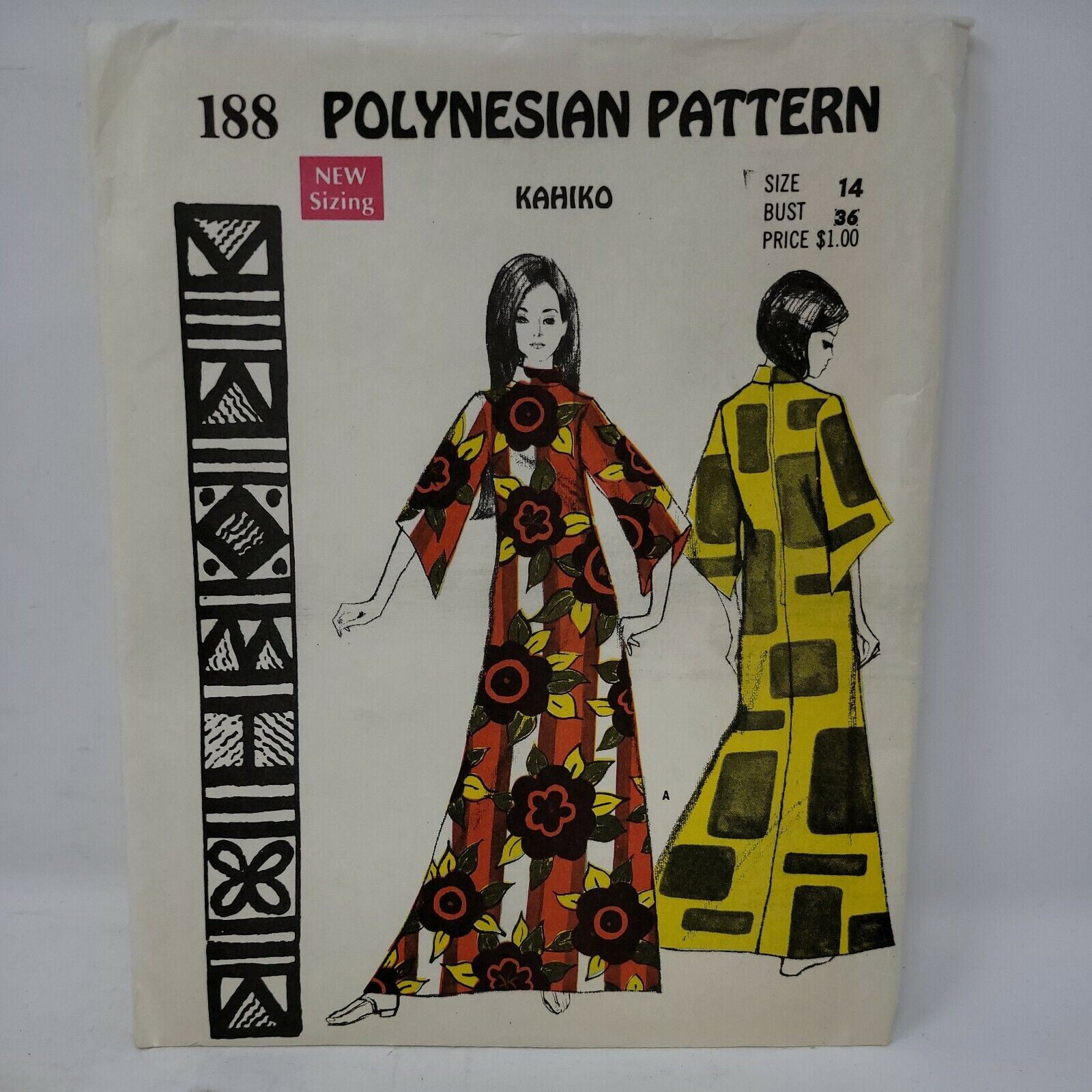 Polynesian Pattern 188 Kahiko Long Dress Hawaiian Mumu Size 14 Bust 36 UNCUT Vtg