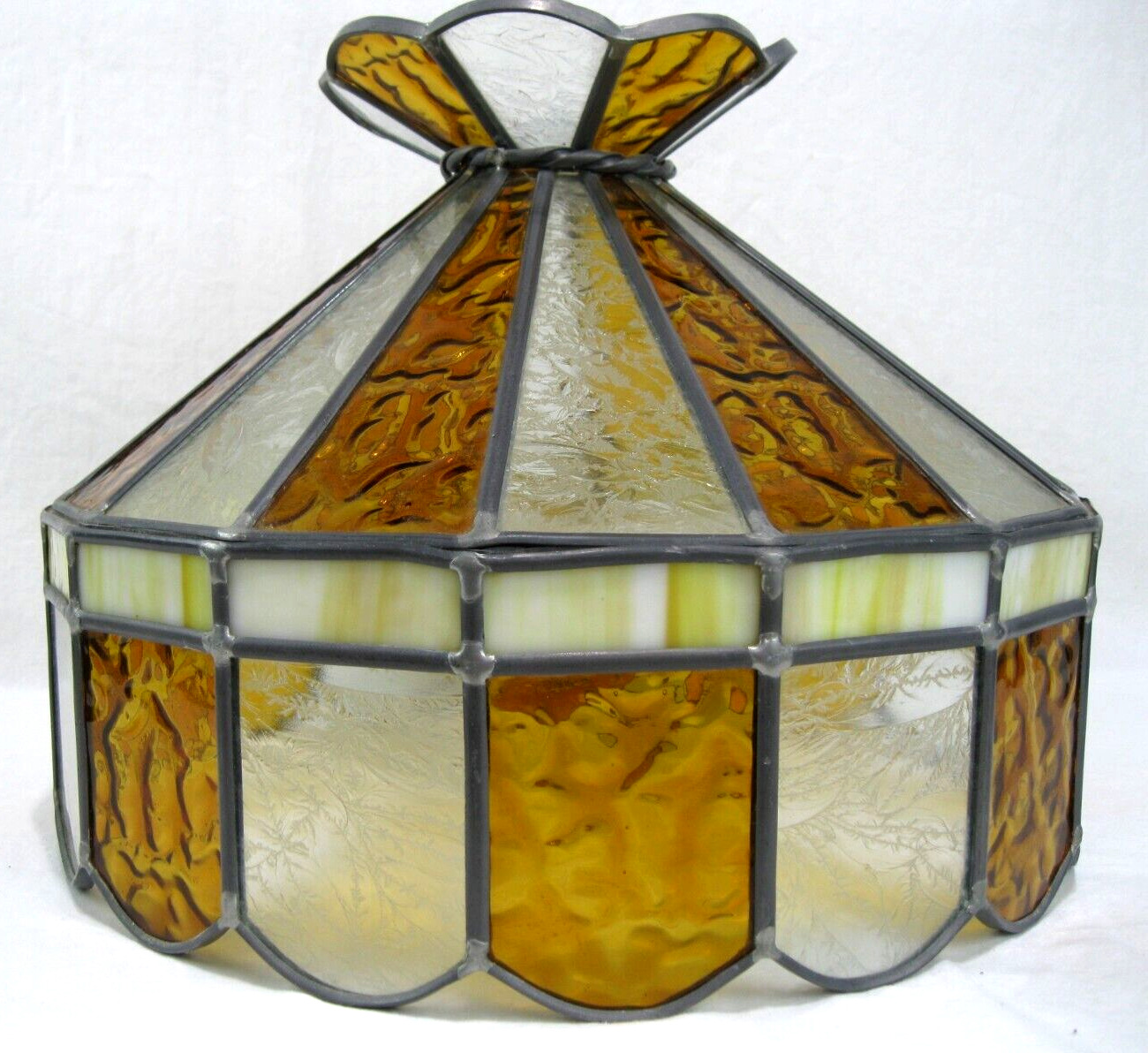Vtg. Tiffany Style Etched Clear/Amber Leaded Stained Glass Hanging/Lamp Shade