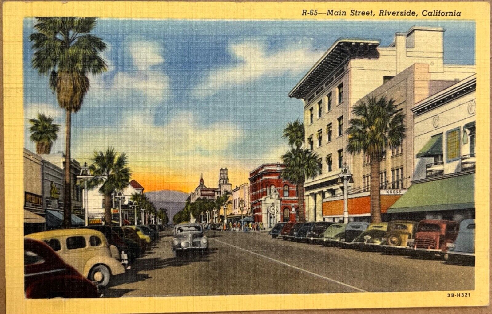 Riverside California Main Street Scene Old Cars Vintage Linen Postcard c1940