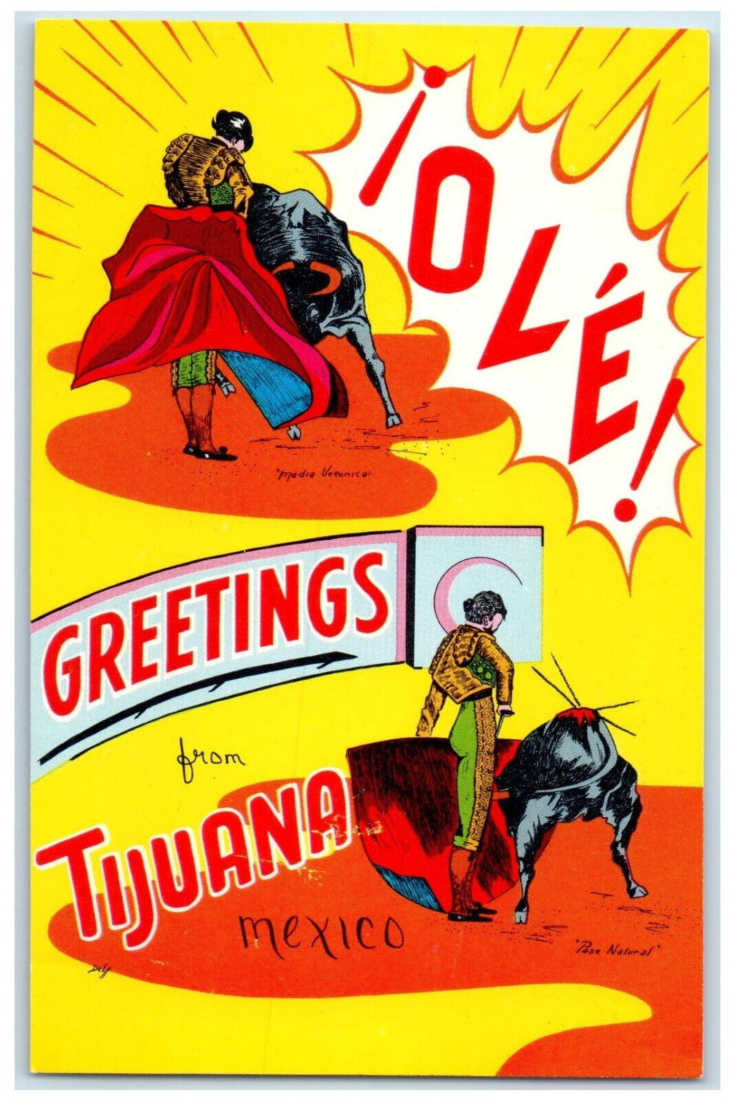 c1950\'s Greetings from Tijuana Mexico Bullfighters Unposted Vintage Postcard