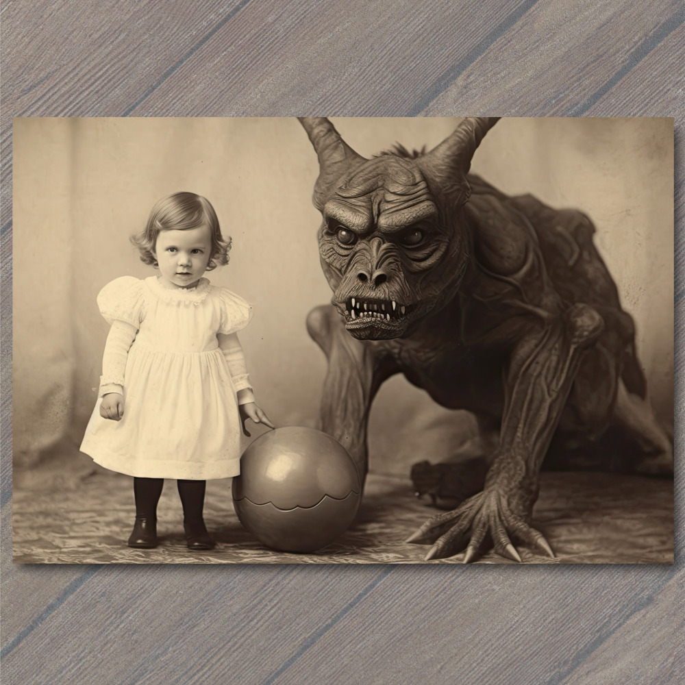 POSTCARD Realistic Monster and Child - Unlikely Friendship weird Creepy Innocent