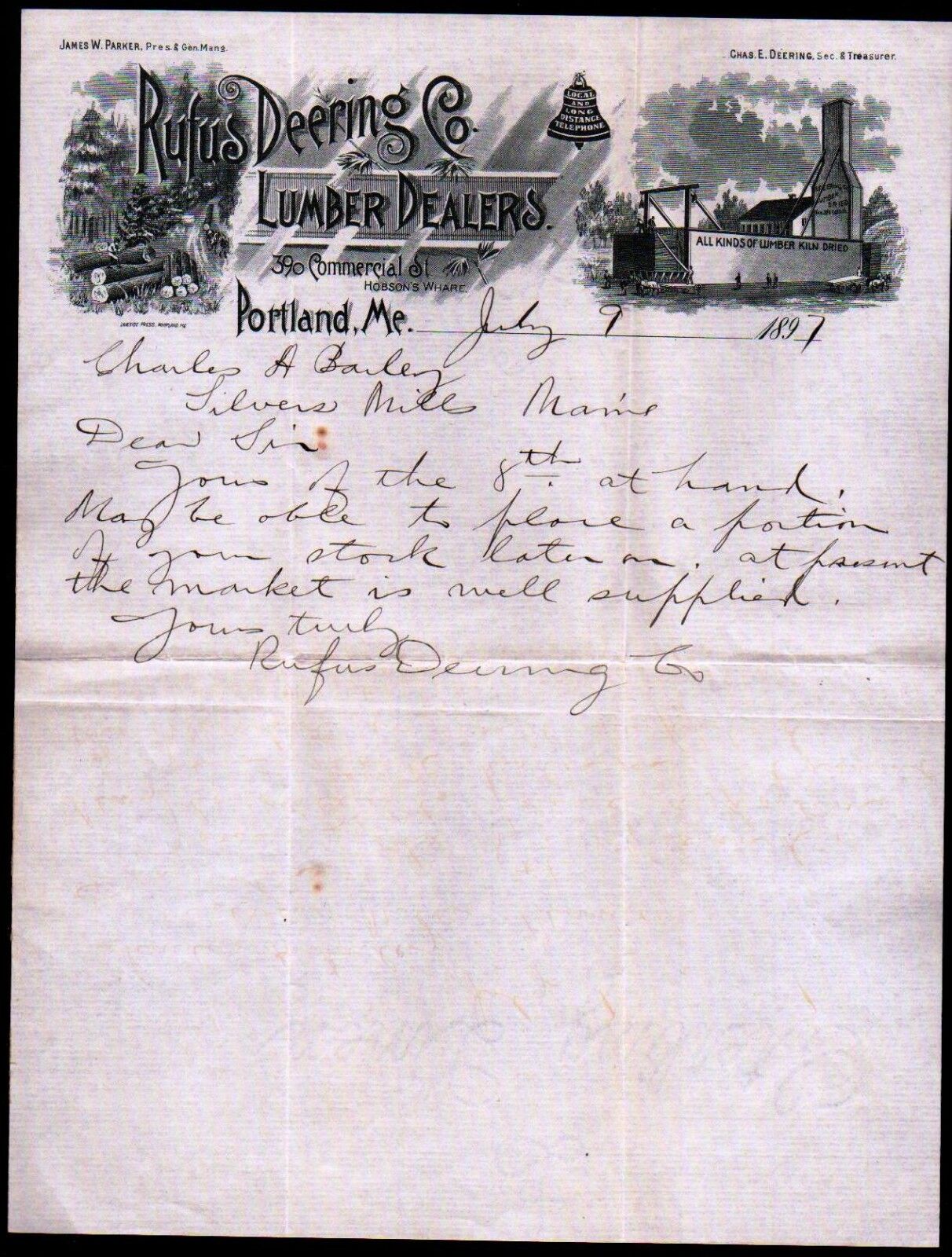 1897 Portland Me - Lumber - Rufus Deering Co - History Rare Letter Head Bill
