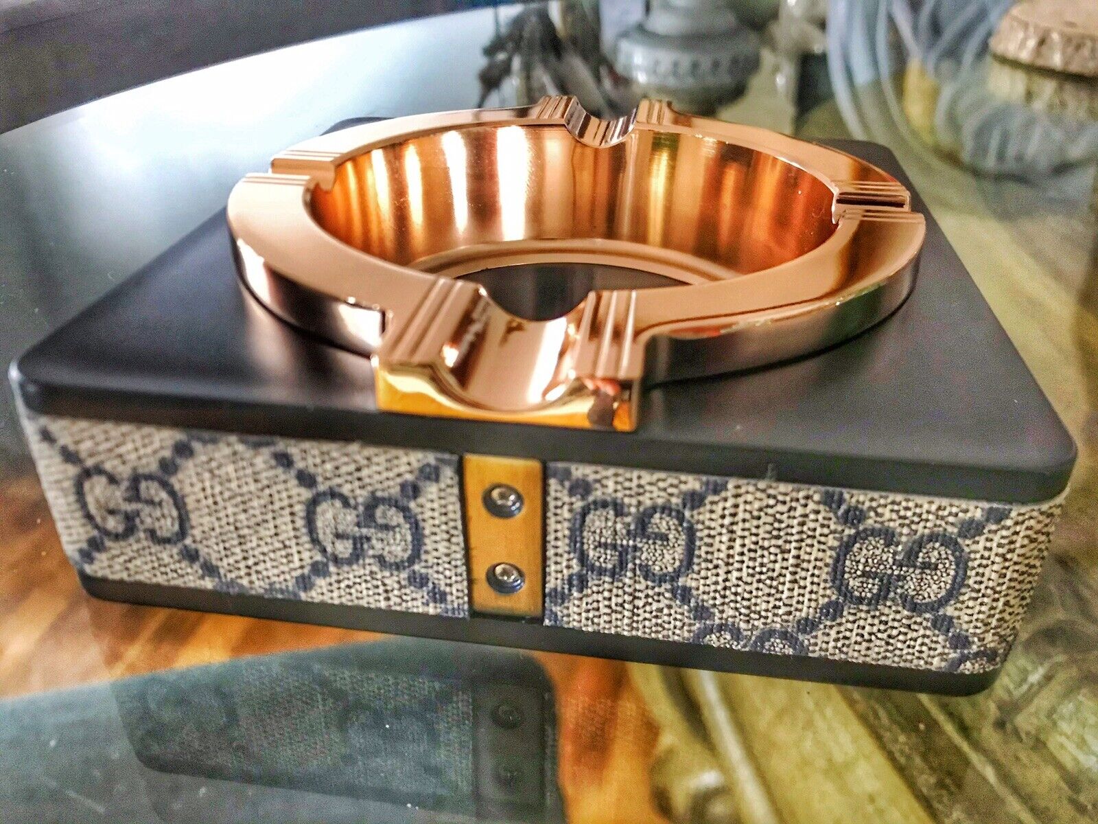 Gucci  Square Cigar Ashtray Black And Gray GG Print With Gold Accents (new Item)