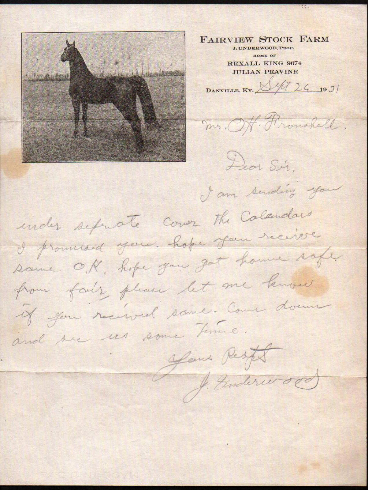 1931 Danville Ky Fairview Stock Farm J Underwood Rexall King - Letter Head Bill