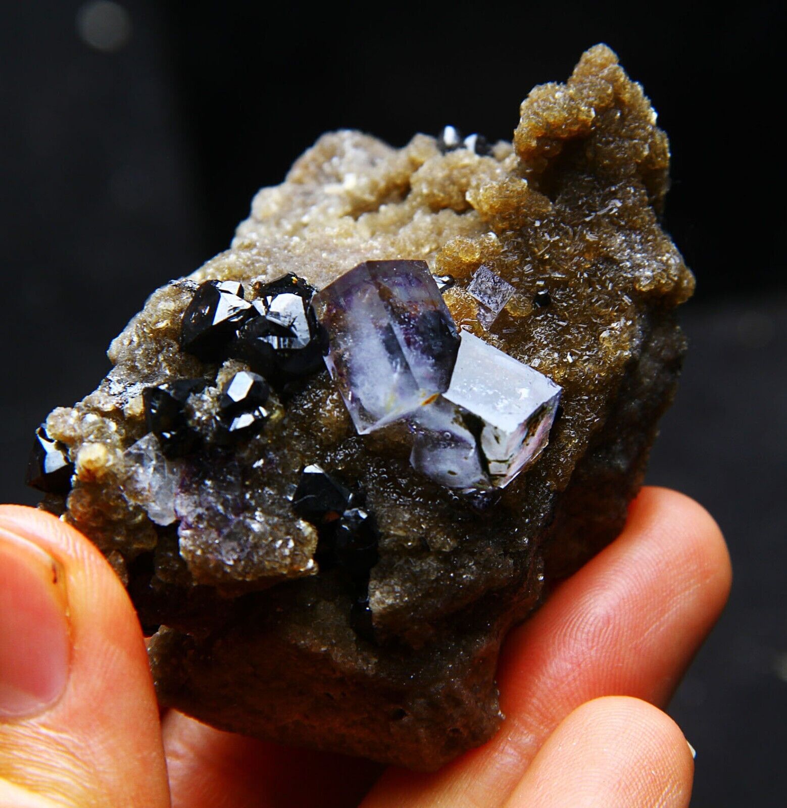 149 g Natural rare bright black cassiterite symbiotic rectangular fluorite