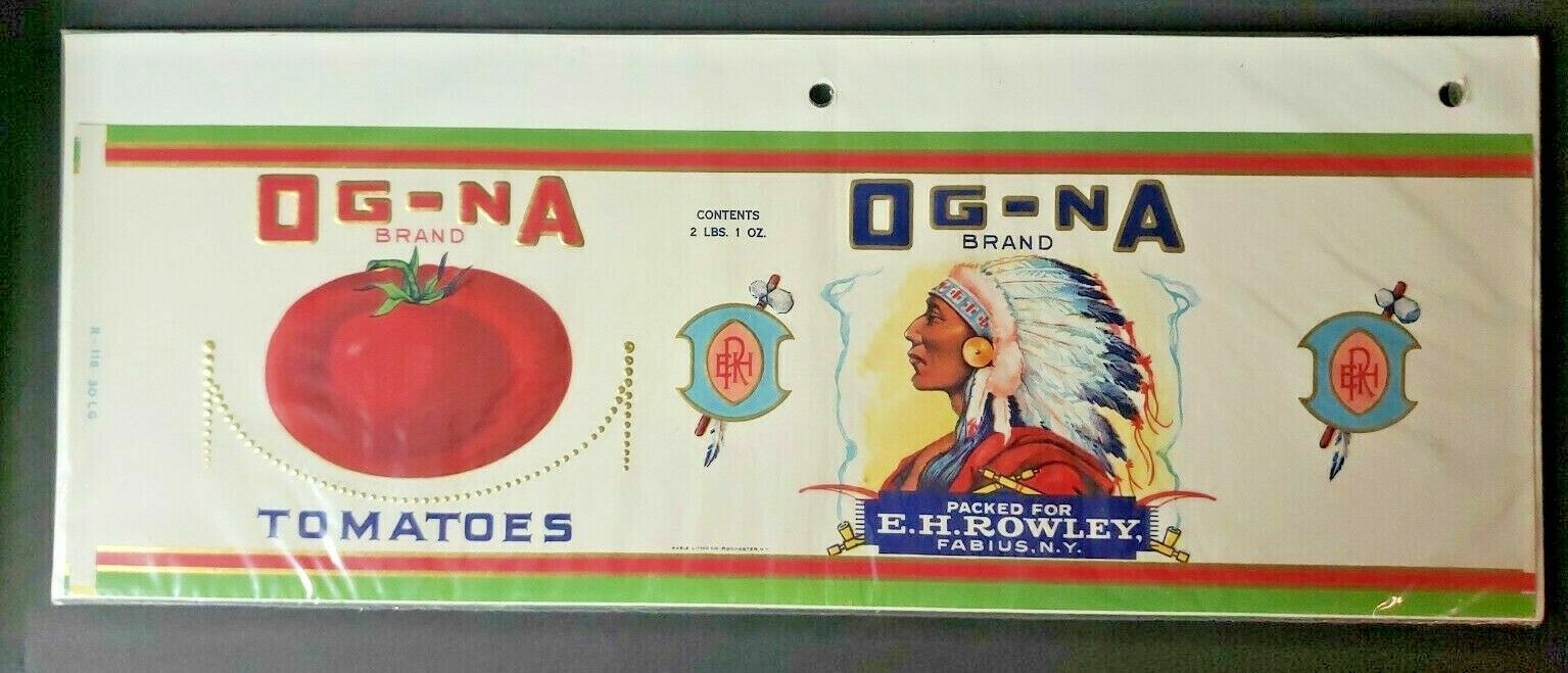 Vintage OG-NA Brand Tomatoes Beans E.H. Rowley Fabius, NY 1940s Can Label Z2