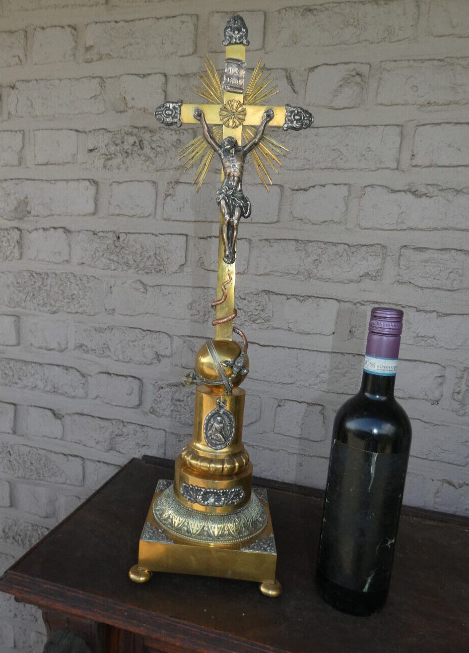 Antique Flanders Bronze & silver Crucifix 19thc religious