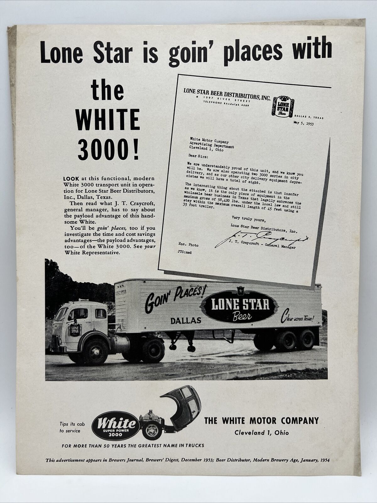 1954 LONE STAR BEER GOING PLACES WITH WHITE 3000 TRUCKS Modern Brewery Age Ad
