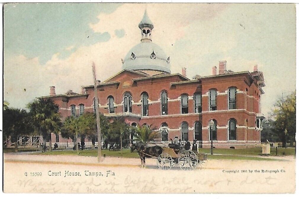 1905 Antique Color Lthographed Postcard COURTHOUSE TAMPA FLORIDA Horse & Wagon
